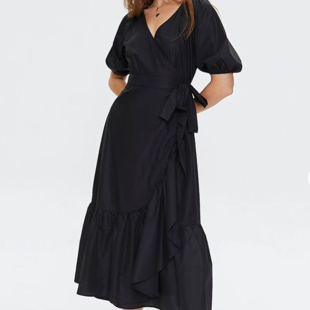 Flounce-Trim Wrap Midi Dress